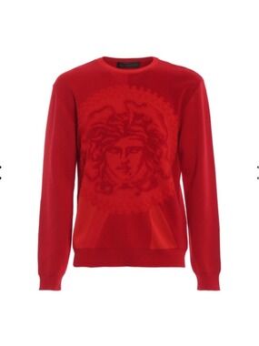 VERSACE Medusa Stretch Terry-Cloth Red Crewneck Hot Red Size IT 52/ L